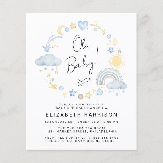 Budget Boho Rainbow Baby Boy Sprinkle Einladung (Vorderseite)