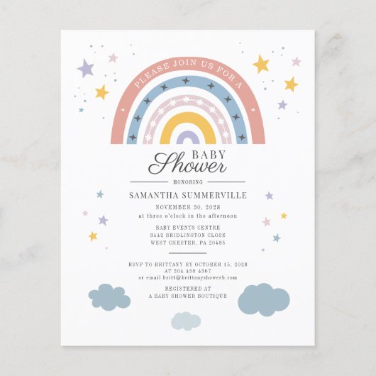 Budget Boho Rainbow Watercolor Script Baby Dusche (Vorderseite)