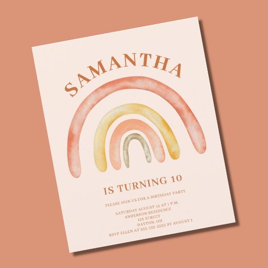 Budget Boho Retro Rainbow 10. Geburtstag Einladung