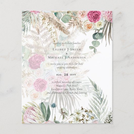 BUDGET BOHO Rosa PampasGrass Wedding Einladung Flyer (Vorne)