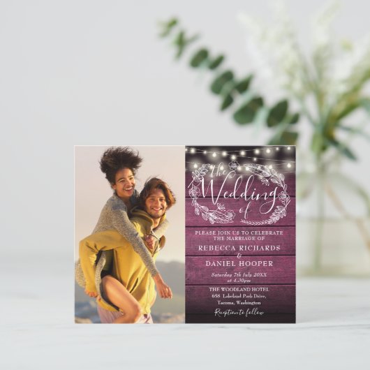 Budget Boho Rustic Lights 2 Foto Hochzeit Einladun (Stehend Vorderseite)