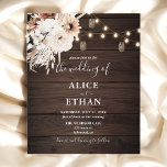 Budget Boho Rustikale neutrale Blume Hochzeitsfeie<br><div class="desc">Boho rustikale Hochzeitseinladung mit Saitenleuchten,  neutralen Blume und Pampa-Gras auf Holzfußboden.</div>