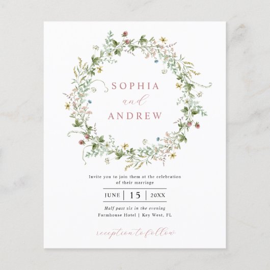 Budget Boho Rustikale Wildblumen Einladung Hochzei (Vorderseite)