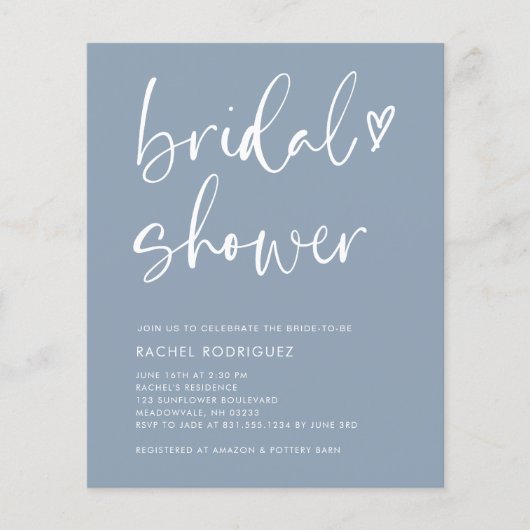 Budget Boho Script Dusty Blue Brautparty Einladung (Vorderseite)