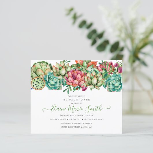 Budget Boho Succulent Bridal Dusche Einladung (Stehend Vorderseite)