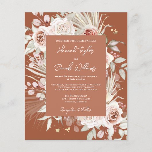 Budget Boho Terracotta Floral Wedding Einladung (Vorderseite)