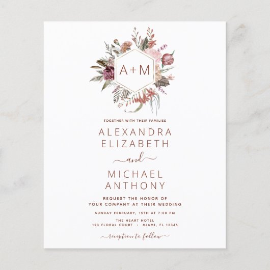 Budget Boho Terracotta Monogram Wedding Flyer (Vorne)