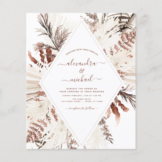 Budget Boho Terracotta Pampas Grass Wedding Flyer (Vorne)