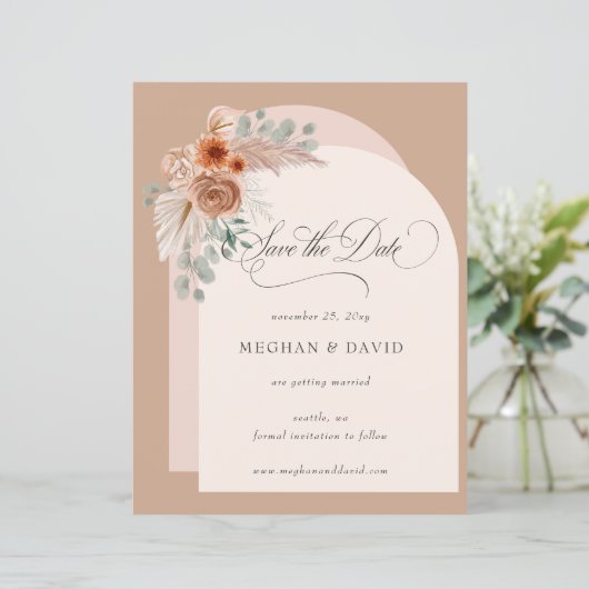 Budget Boho Terracotta Pampas Save the Date (Stehend Vorderseite)