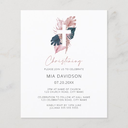 Budget Boho Watercolor Floral Christening Einladun (Vorderseite)