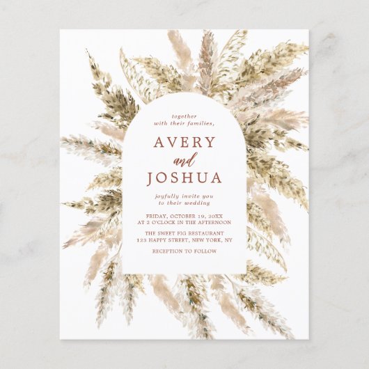 Budget Boho Watercolor Pampas Grass Wedding Flyer (Vorne)