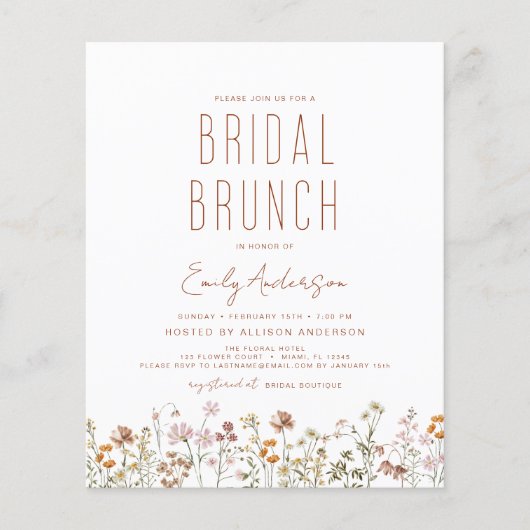 Budget Boho Wildblume Bridal Brunch Brautparty Flyer (Vorne)