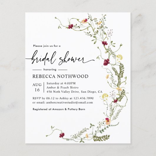 Budget Boho Wildblume Bridal Dusche Einladung (Vorderseite)