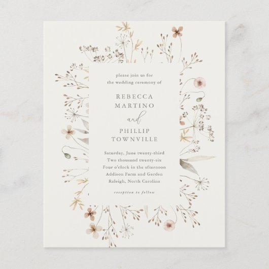 Budget Boho Wildblume Hochzeit Einladung (Vorderseite)