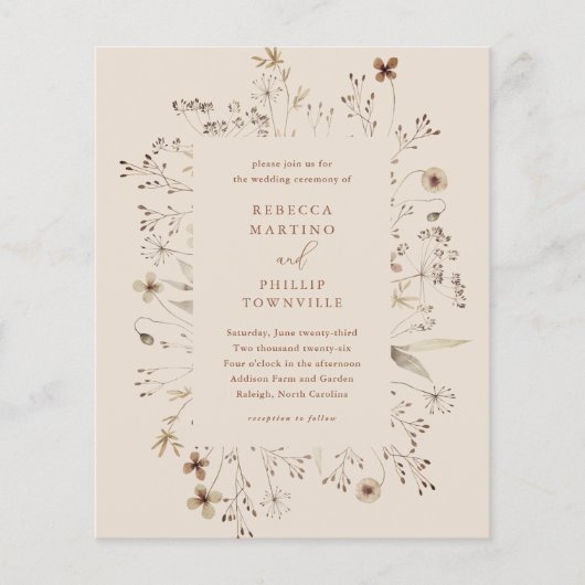 Budget Boho Wildblume Hochzeit Einladung (Vorderseite)