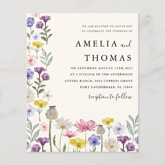 Budget Boho Wildblume Hochzeit Einladung (Vorderseite)