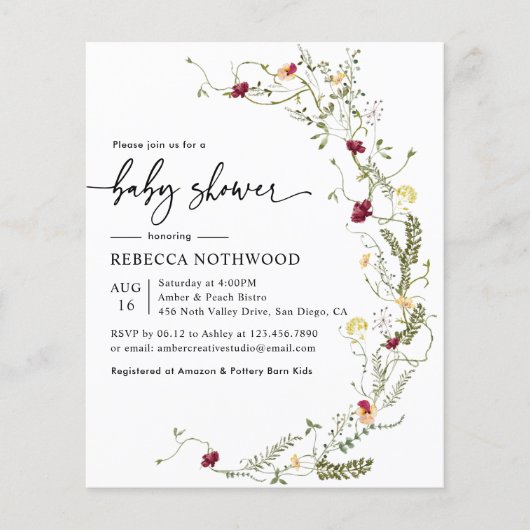 Budget Boho Wildblume Kinderdusche Einladung (Vorderseite)