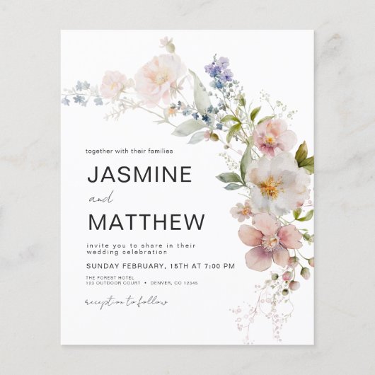 Budget Boho Wildblume Wedding Foto Einladung Flyer (Vorne)