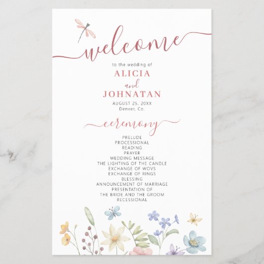 Budget Boho Wildblumen Hochzeitsprogramm (Vorne)