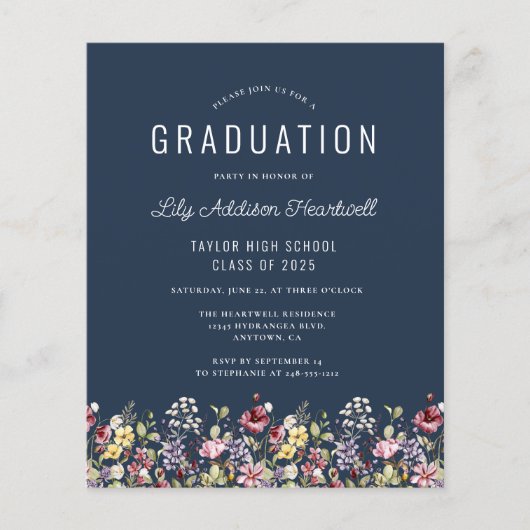 Budget Boho Wildblumen Navy Blue Graduation Party (Vorderseite)