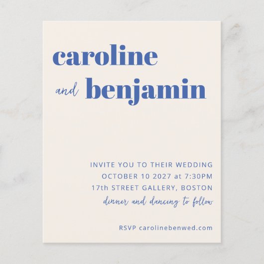 Budget Bold Ecru Blue Modern Wedding Einladung (Vorderseite)