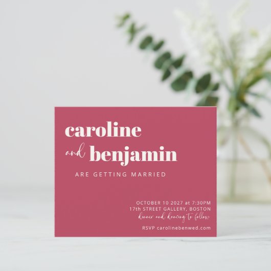Budget Bold Magenta Moderne Hochzeitseinladung (Stehend Vorderseite)