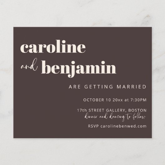 Budget Bold Warm Brown Chic Modern Wedding Invite (Vorderseite)