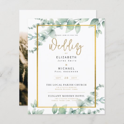 Budget Botanical Eucalyptus Wedding INVITE (Vorne/Hinten)