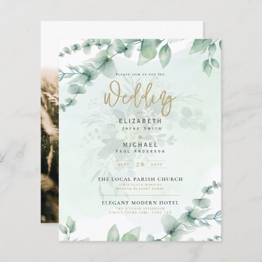 Budget Botanical Eucalyptus Wedding INVITE (Vorne/Hinten)
