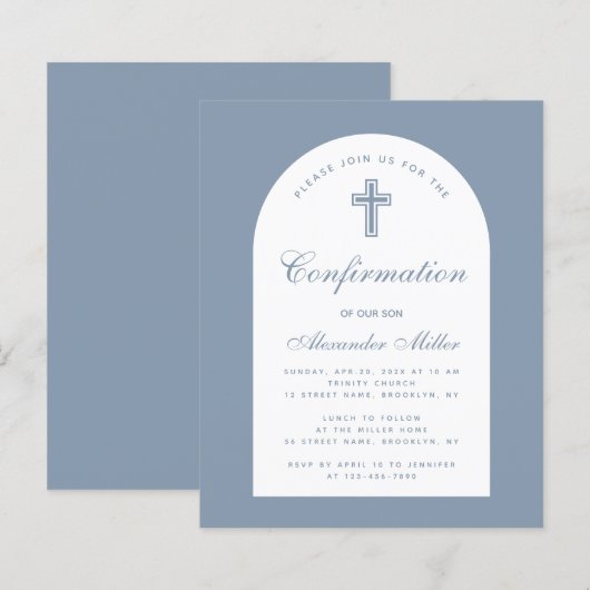 Budget Boy Dusty Blue Arch Bestätigung Einladung (Vorne/Hinten)