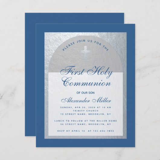 Budget Boy First Communion Blue Silver Einladung (Vorne/Hinten)