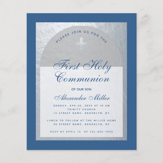 Budget Boy First Communion Blue Silver Einladung (Vorderseite)