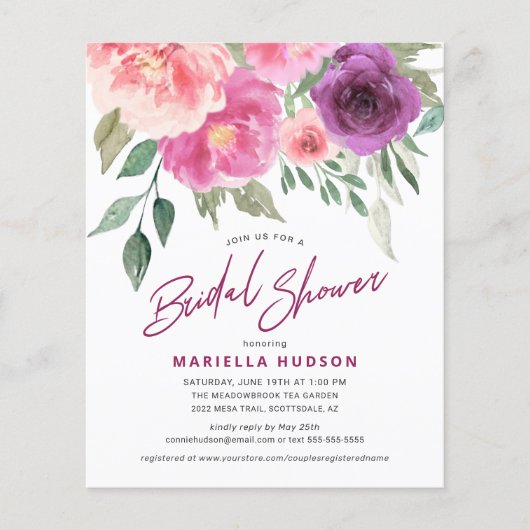 Budget Brautparty Aquarell Rose Peonings Flyer (Vorne)