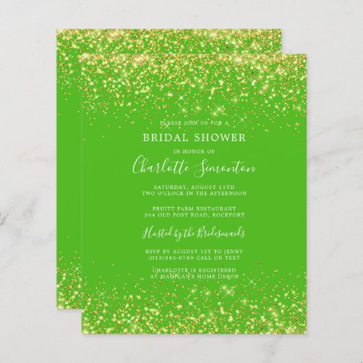 Budget Brautparty Glitzer Gold Grüne Einladung (Vorne/Hinten)