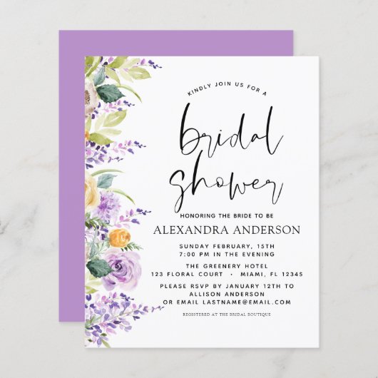 Budget Brautparty Lila Grüne Einladung (Vorne/Hinten)