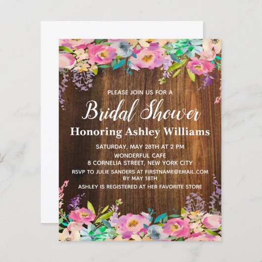 Budget Bridal Dusche Einladung rustikale Flora Boh (Vorne/Hinten)