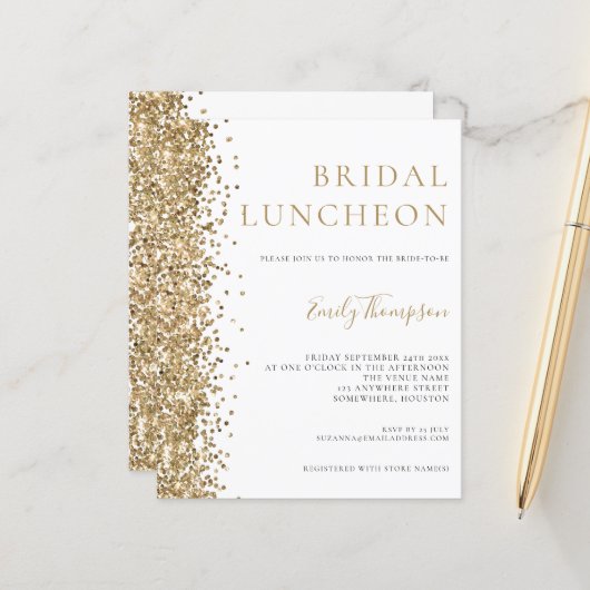 Budget Bridal Luncheon Gold Glitzer Einladung (Vorderseite/Rückseite Beispiel)
