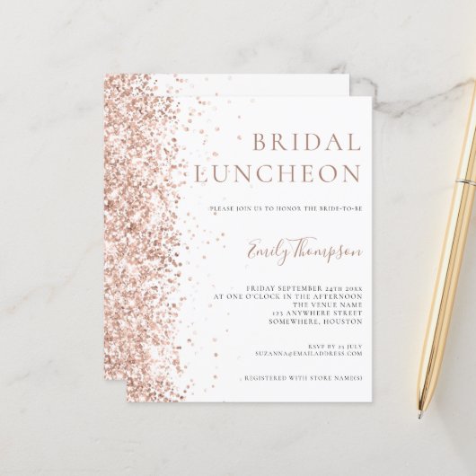 Budget Bridal Luncheon Rose Gold Glitzer Einladung (Vorderseite/Rückseite Beispiel)