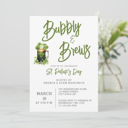 Budget Bubbly and Brews St Patricks Day Party Einladung (Stehend Vorderseite)