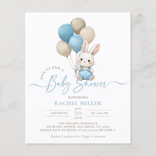 Budget Bunny Rabbit Balloons Blue Boy Baby Dusche (Vorderseite)