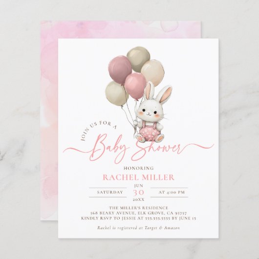 Budget Bunny Rabbit Balloons Pink Girl Baby Dusche (Vorne/Hinten)