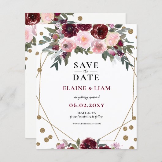 Budget Burgund Blush Gold Bloral Save the Date (Vorne/Hinten)