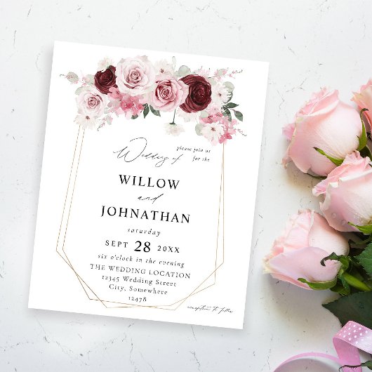 Budget Burgund & Blush Pink 6 Ele Floral Wedding Flyer