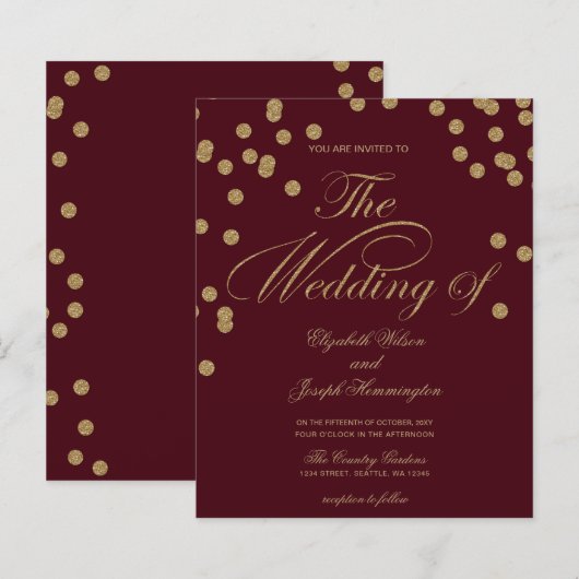 Budget Burgund Glitzer Confetti Einladung (Vorne/Hinten)