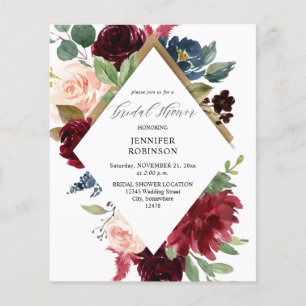Budget Burgund, Navy und Rosé Hochzeitsdusche Flyer