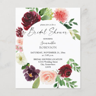 Budget Burgund & Rosa 4 Florale Hochzeitsdusche Flyer