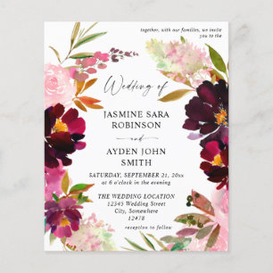 Budget Burgund & Verstaubt Rosa Floral 5 Hochzeit  Flyer
