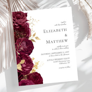 Budget-Burgunder-Gold-Blumen-Hochzeitseinladung