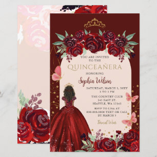 Budget Burgundi Gold Floral Prinzessin Quinceañera