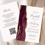 Budget Burgundy Agate Blush QR Code Hochzeit<br><div class="desc">Die links Seite dieses eleganten, modernen Hochzeitseinladens besticht durch eine bordeauxrote Aquarellgrenze, die mit vergoldetem Imitat bestickt ist. Der anpassbare Text kombiniert handgeschriebene Holzkohle, Copperplate und kursiv Schriftart auf einem hellrot-rosa Hintergrund. Fügen Sie zusätzliche Details auf der Rückseite, zusammen mit einem QR-Code, um Ihren Gästen zu helfen, besuchen Sie Ihre...</div>